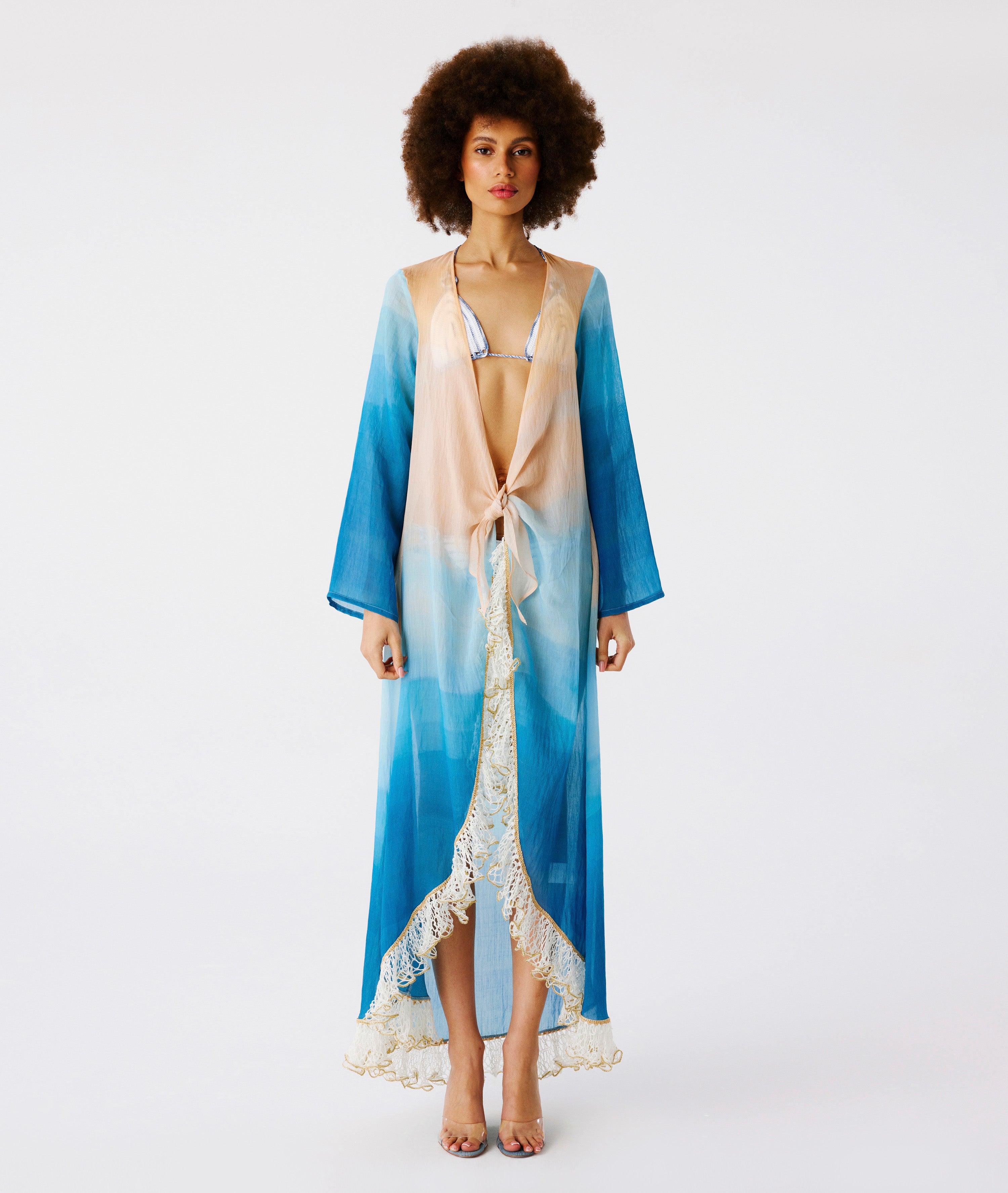 Sakkas Long Tie-Dye Ombre Caftan Dress - Embroidered Cap Sleeve Boho Cover-Up (One Size)