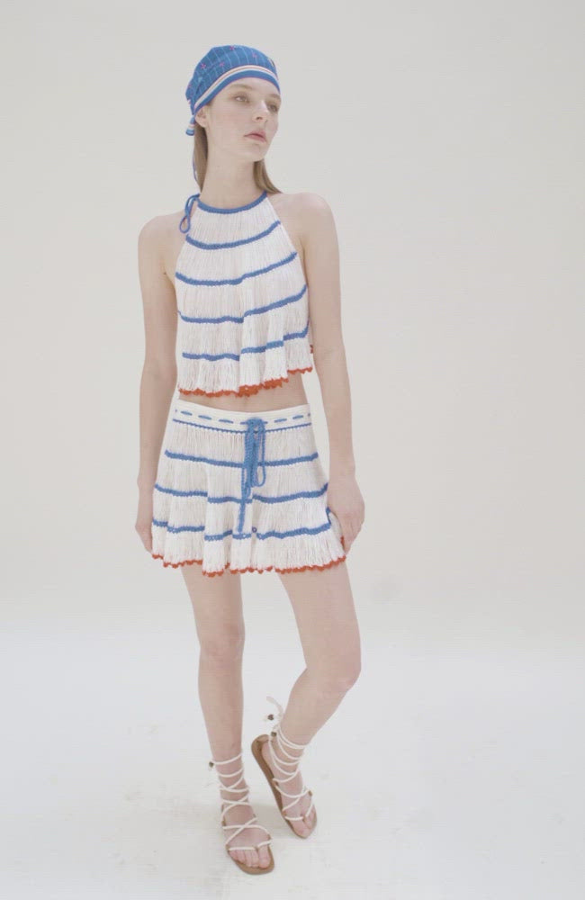 Video of Blue and white striped crochet mini skirt 